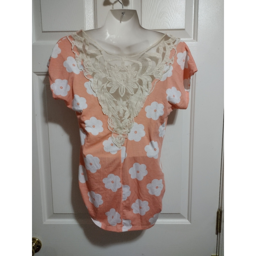 Floral Print Lace Back Detail Short Sleeve Top Small